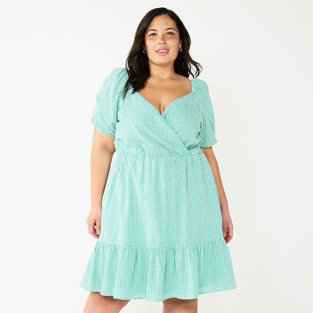 DRAPER JAMES RSVP Green & White Gingham Checked Puff Sleeve Dress